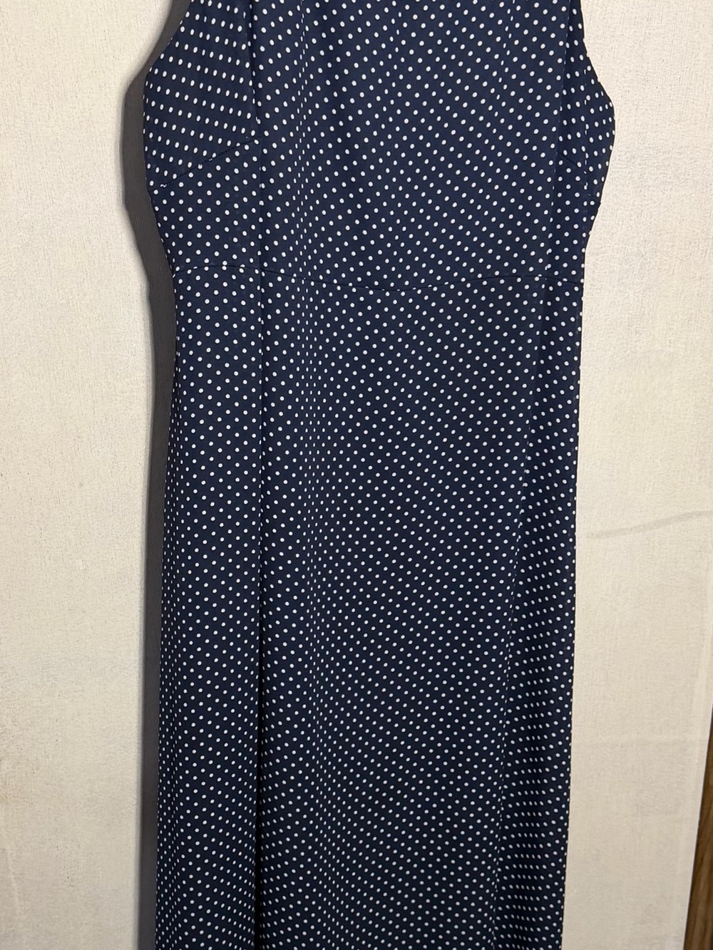Decked Out Navy Polka Dot Midi Dress Size 14 Spaghetti Strap Flowy A-Line